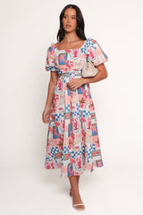 Clo Puff Sleeve Midi Dress - Pink Blue