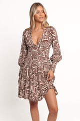 Sheridan Long Sleeve Mini Dress - Chocolate Brown Print