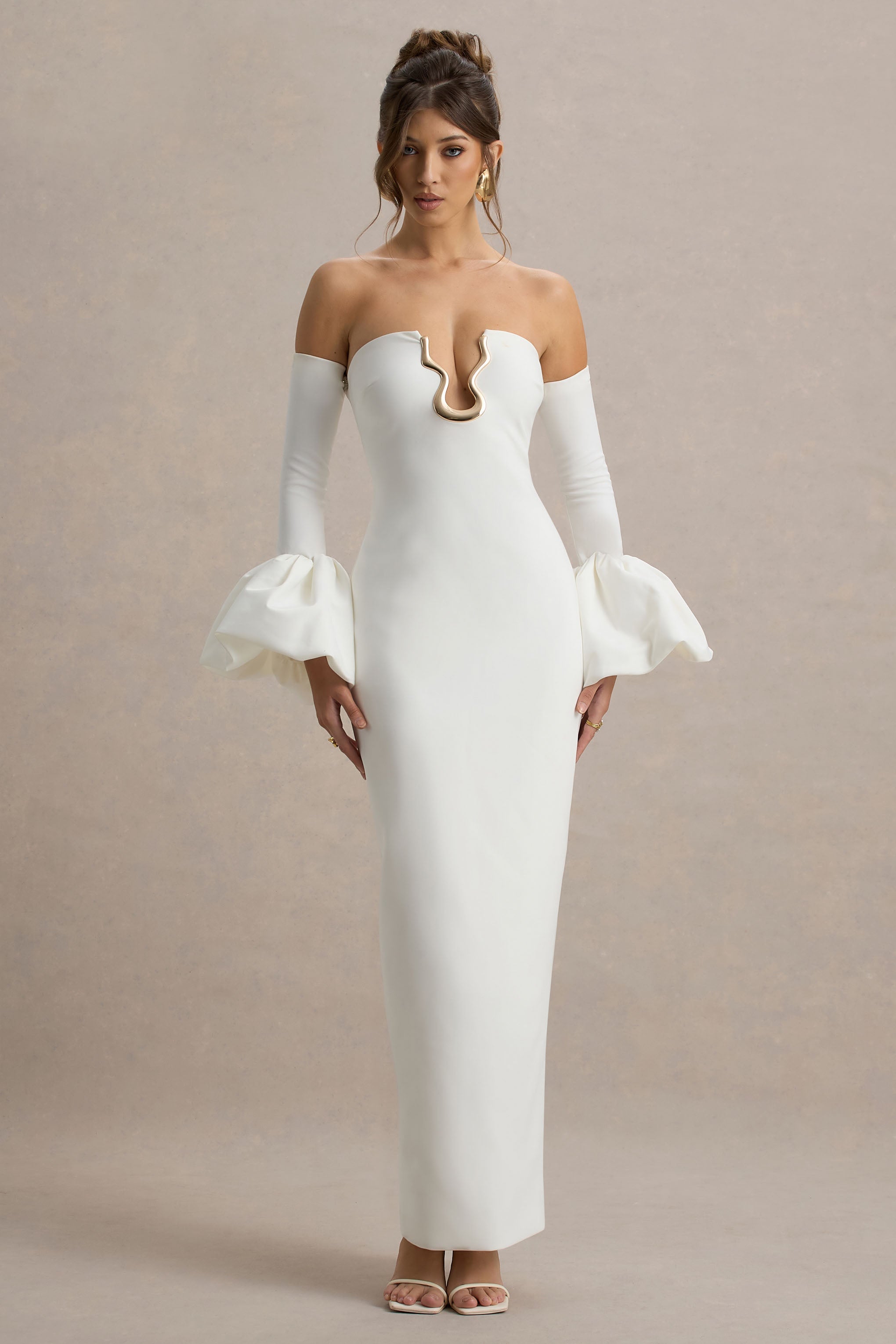 Annalisa | Cream Bandeau Maxi Dress With Satin Cuffs