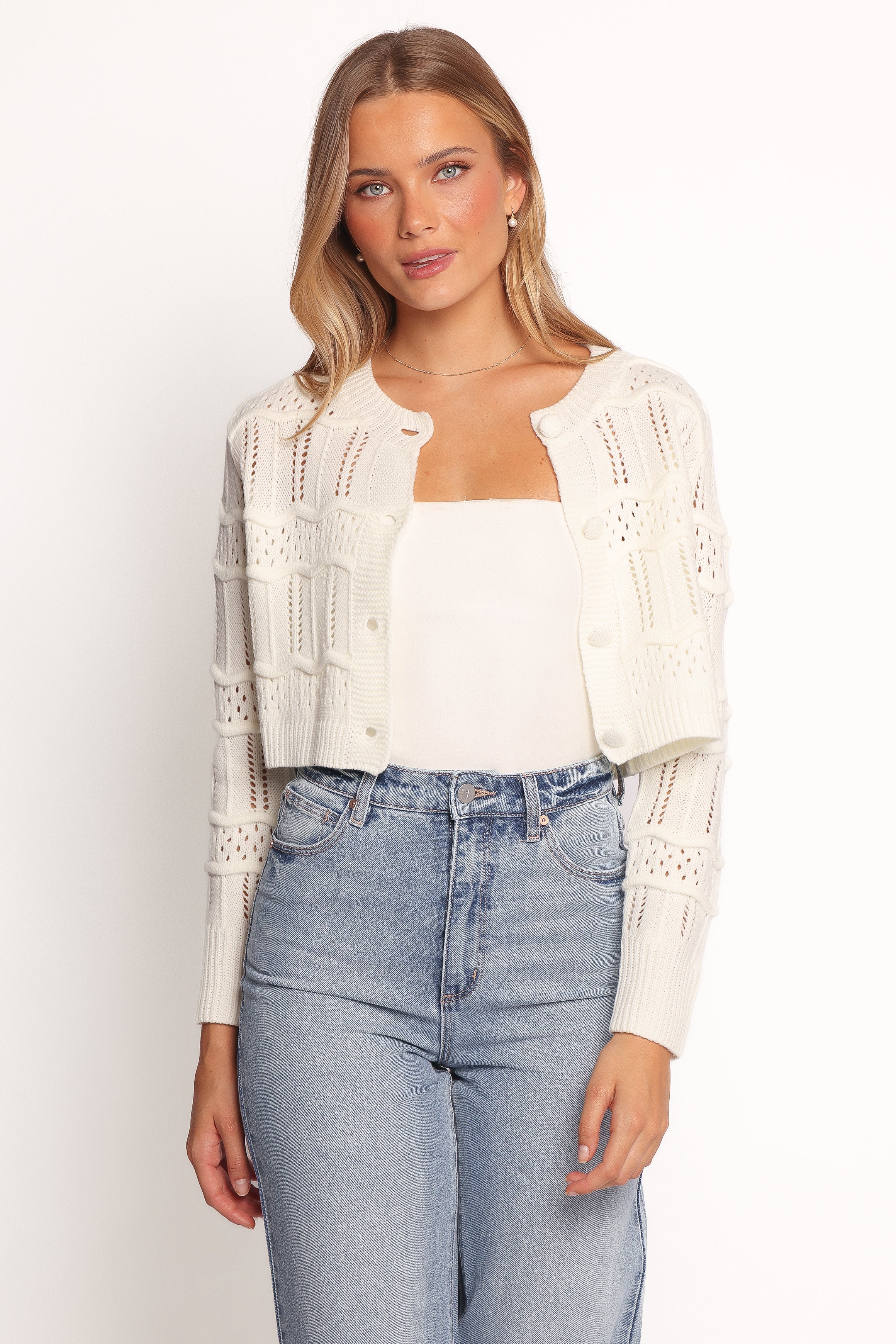Aidy Crop Button Front Cardigan - White