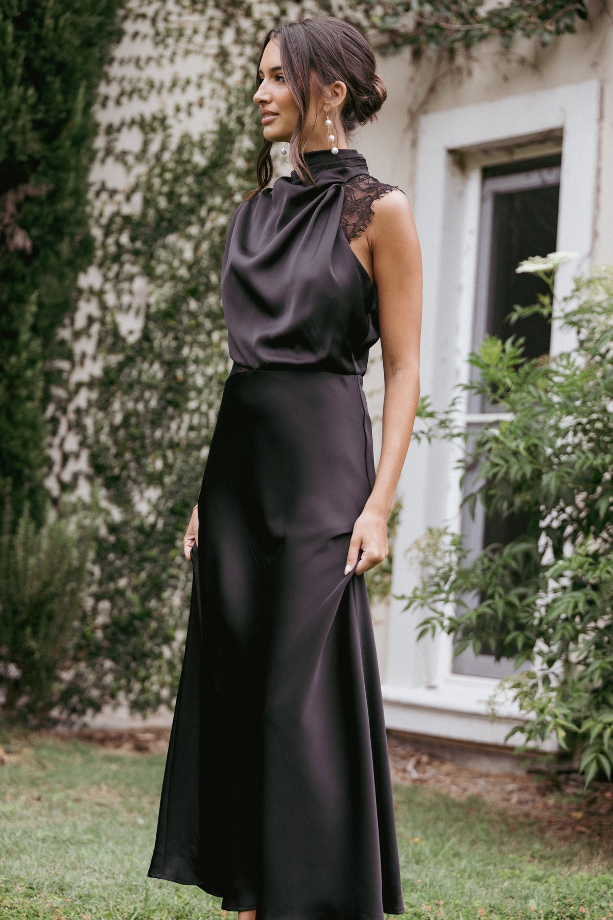 Anabelle Halter Neck Lace Maxi Dress - Black