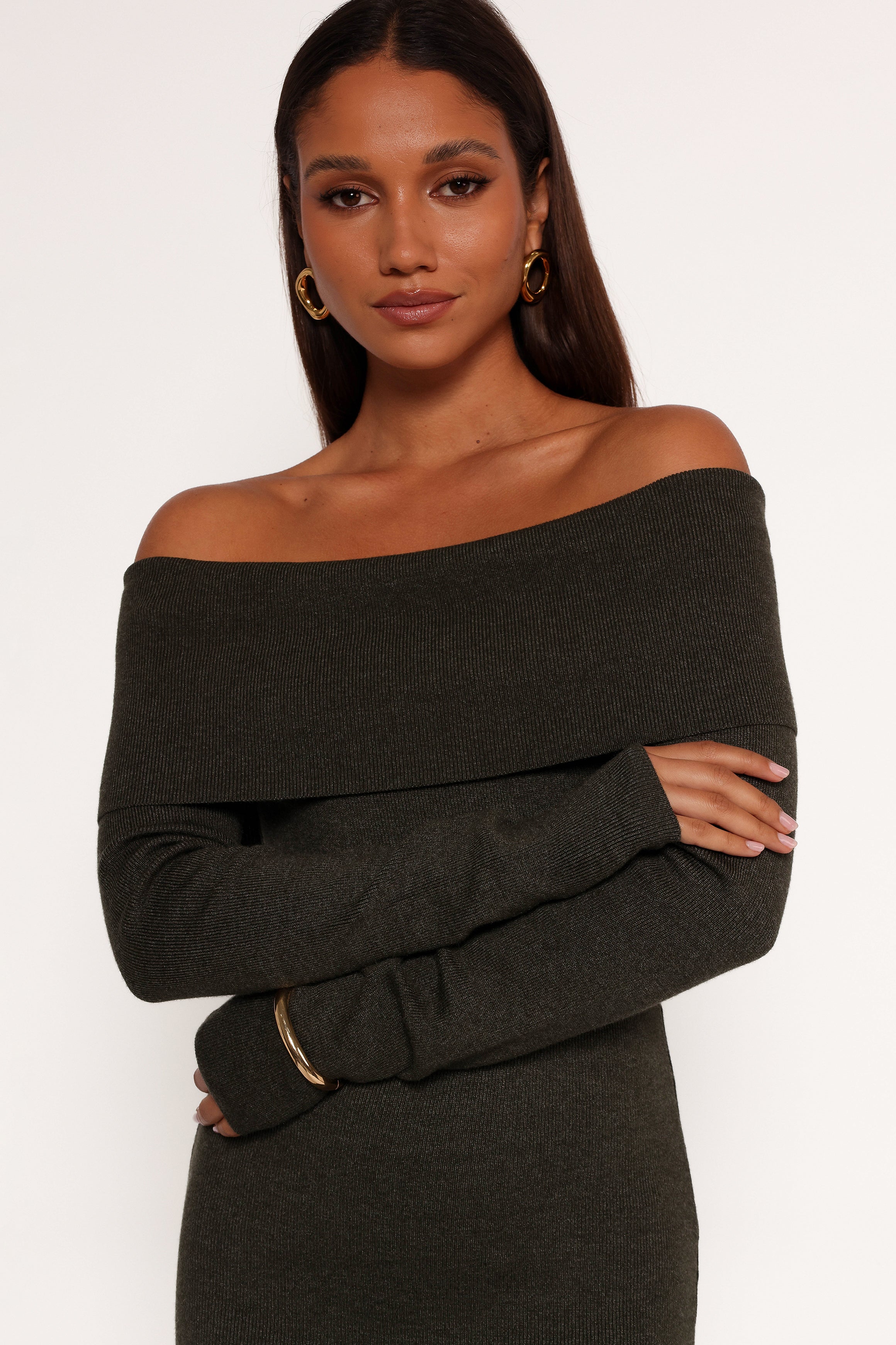 Archie Off The Shoulder Midi Dress - Olive