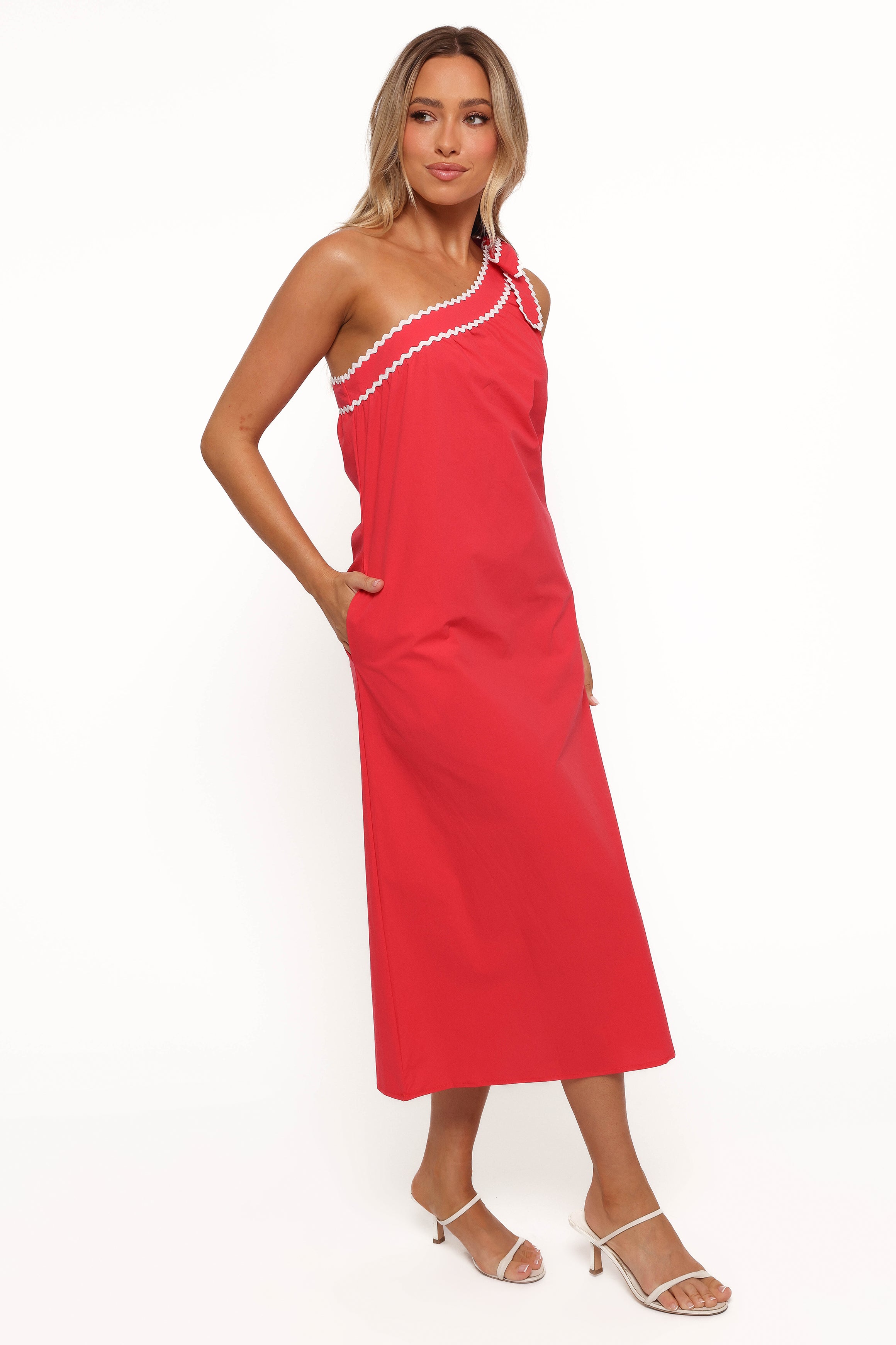Brynlee One Shoulder Midi Dress - Red/White