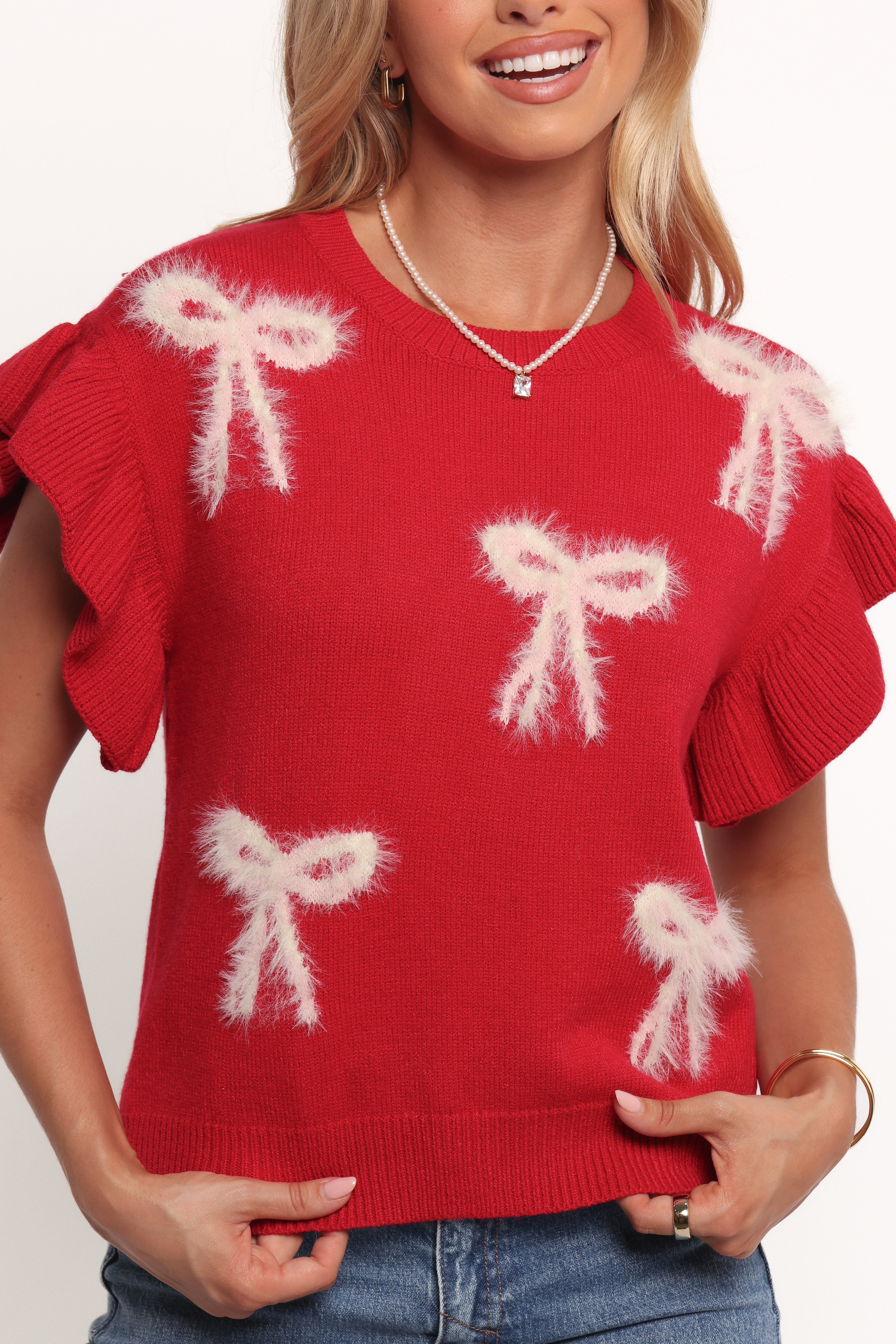 Cherish Ruffle Sleeve Bow Knit Sweater - Red
