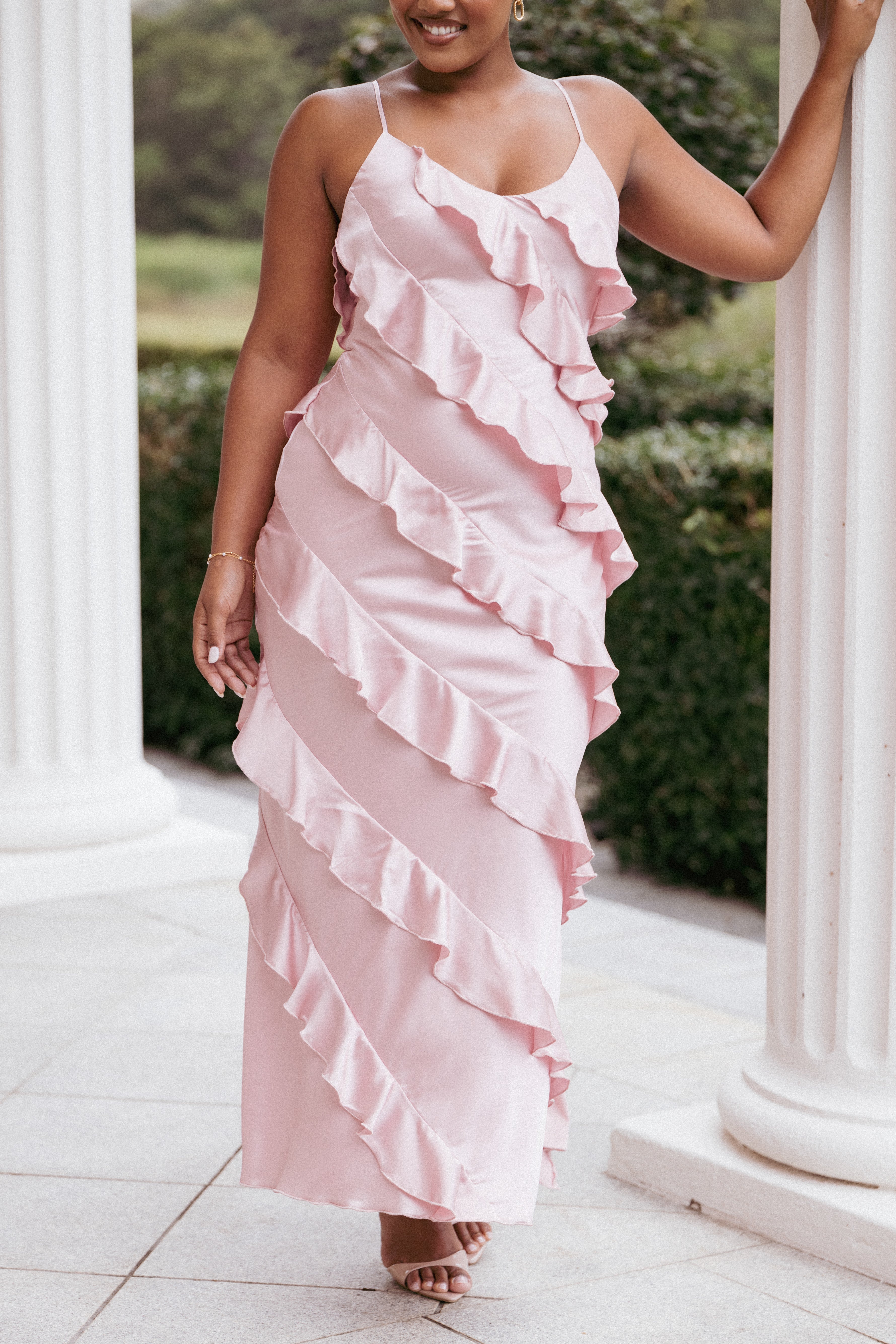 Ciao Ruffles Maxi Satin Dress - Pink