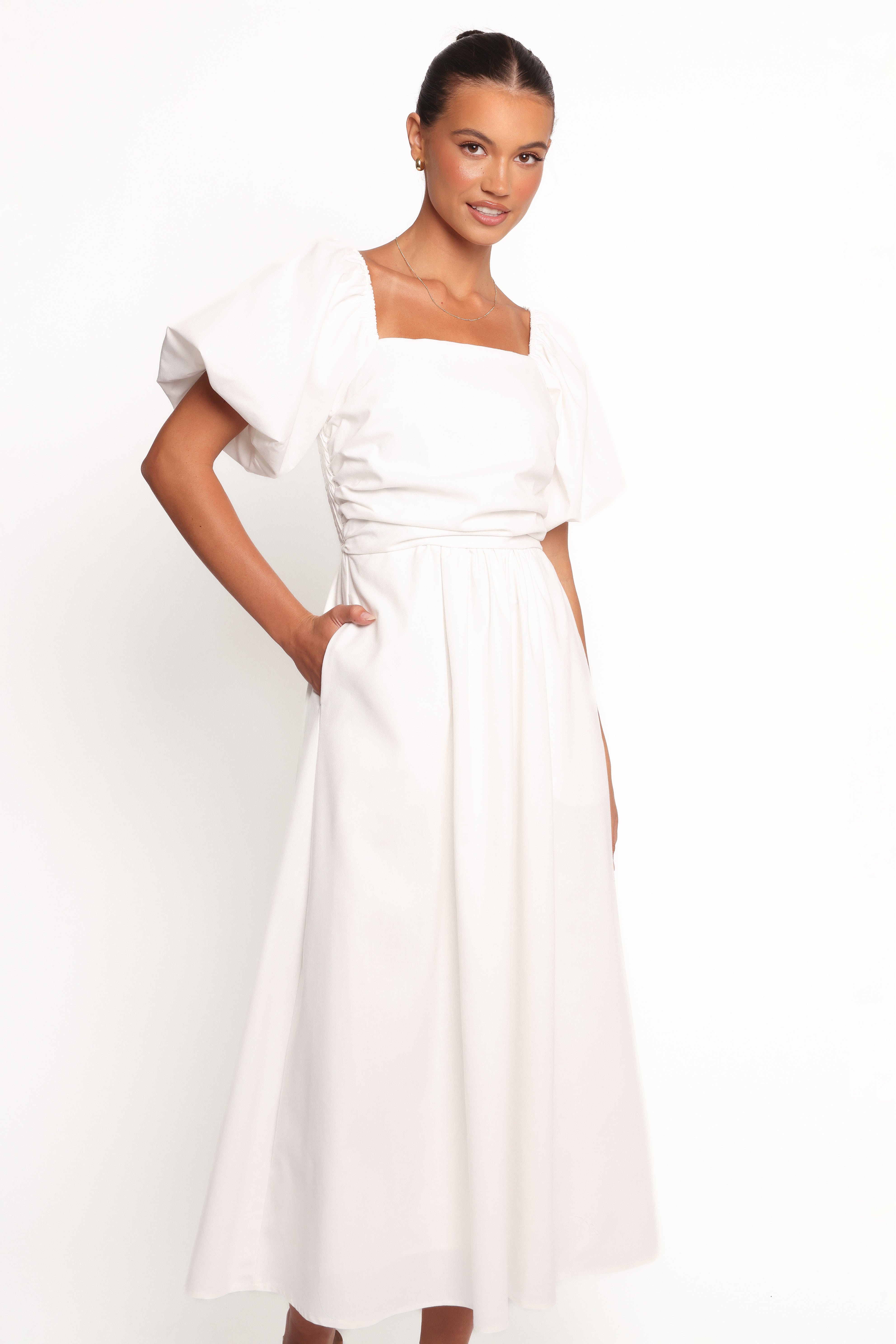 Clo Puff Sleeve Midi Dress - White