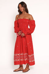 Domenica Shirred Long Sleeve Midi Dress - Red Floral Bandana