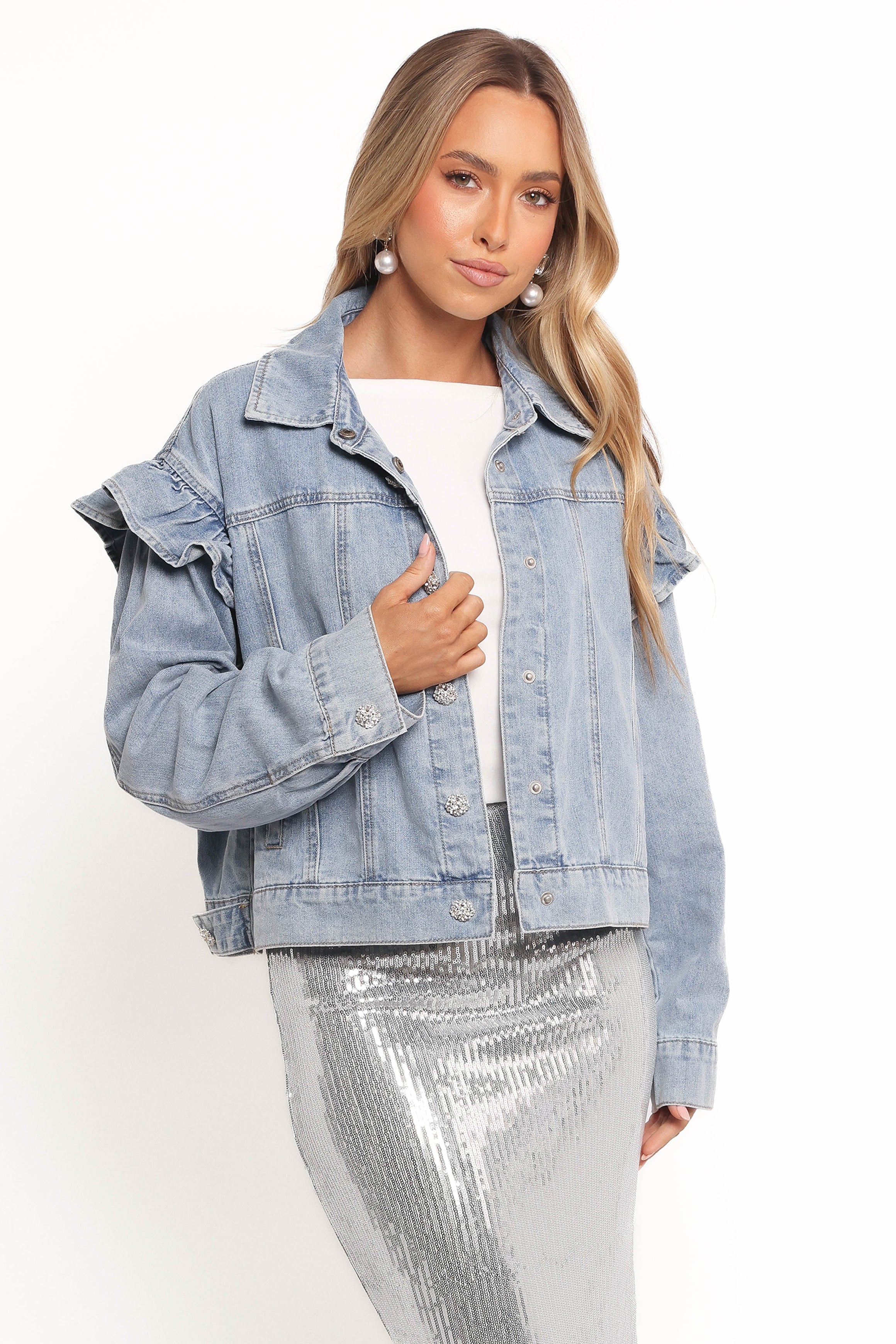 Hadley Ruffle Sleeve Denim Jacket - Mid Denim
