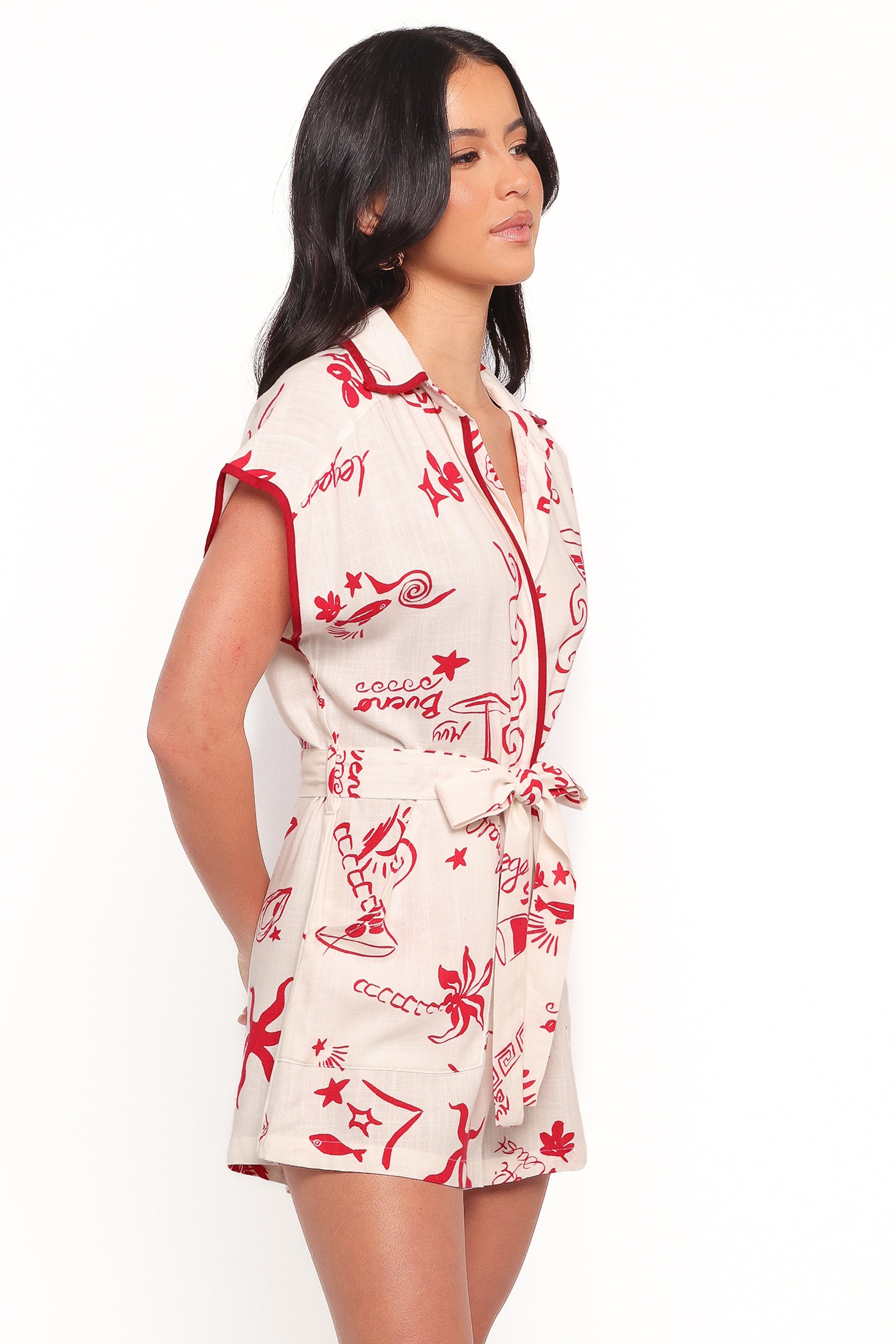 Kensie Tie Waist Romper - Red