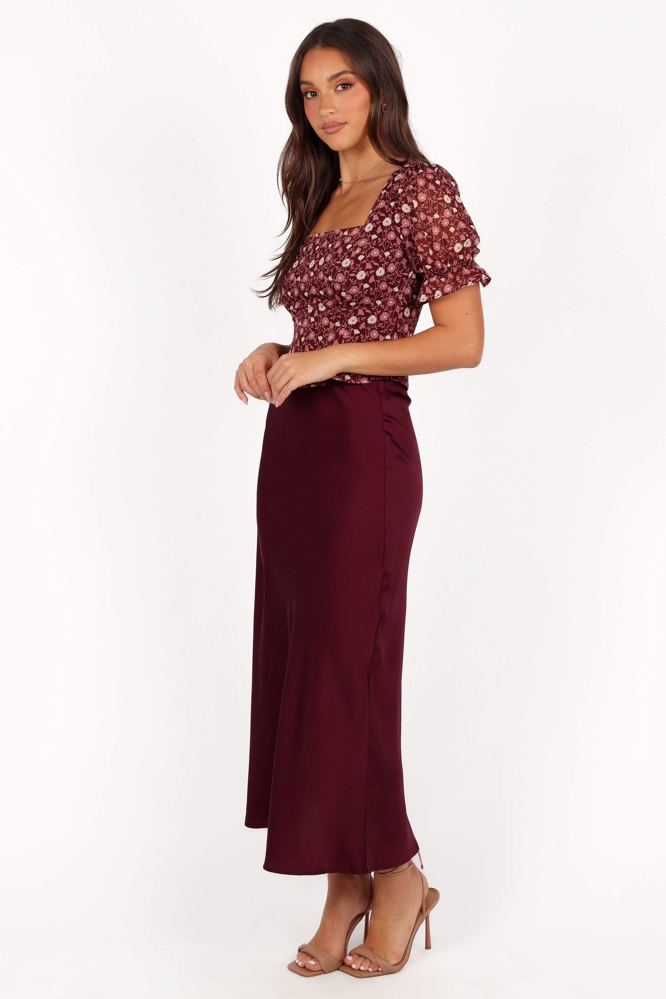 Nellie Satin Midi Skirt - Burgundy