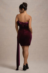 Ceronne | Plum Velvet Bandeau Mini Dress With Drape