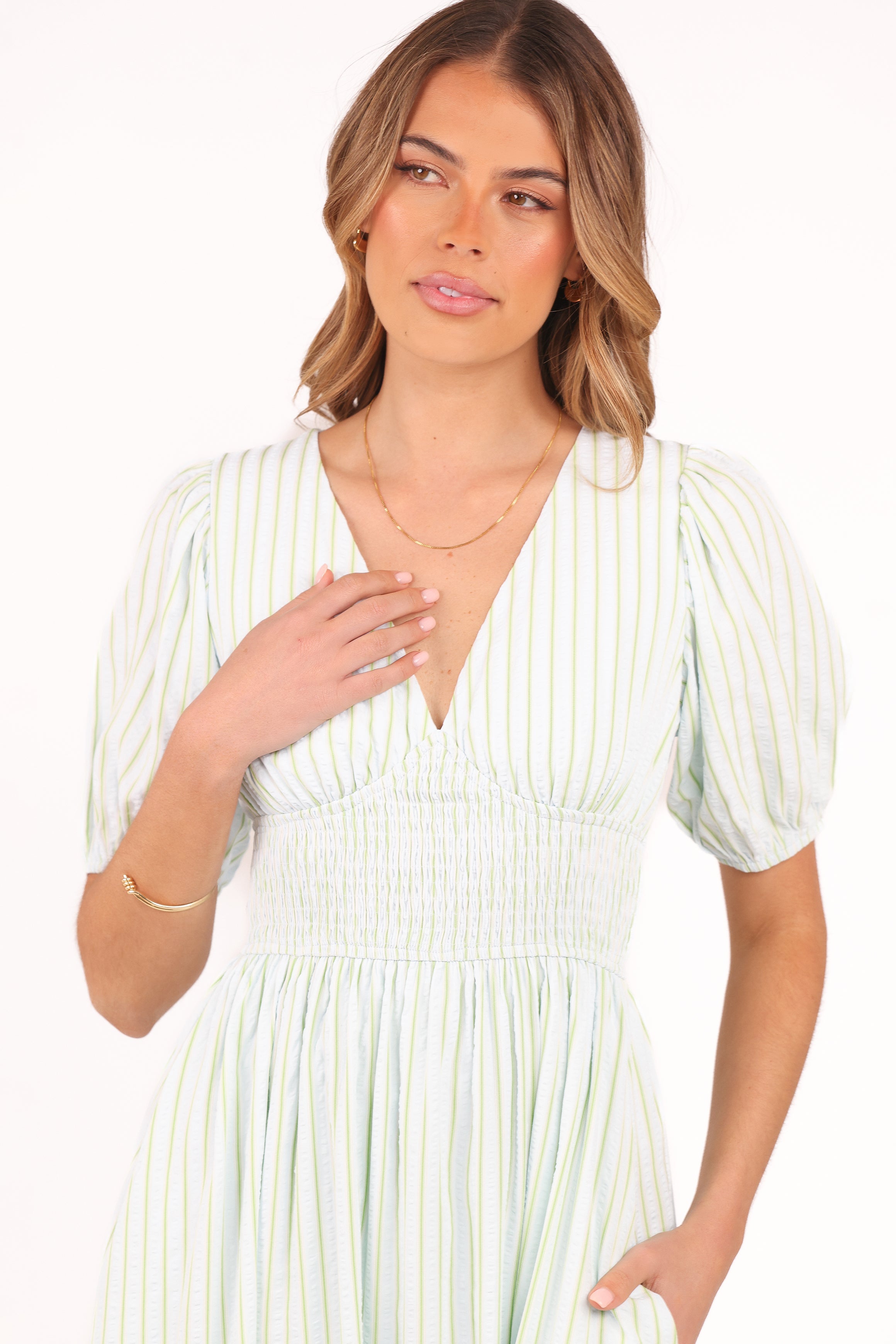 Ronnie Short Sleeve Midi Dress - Green Blue Stripe