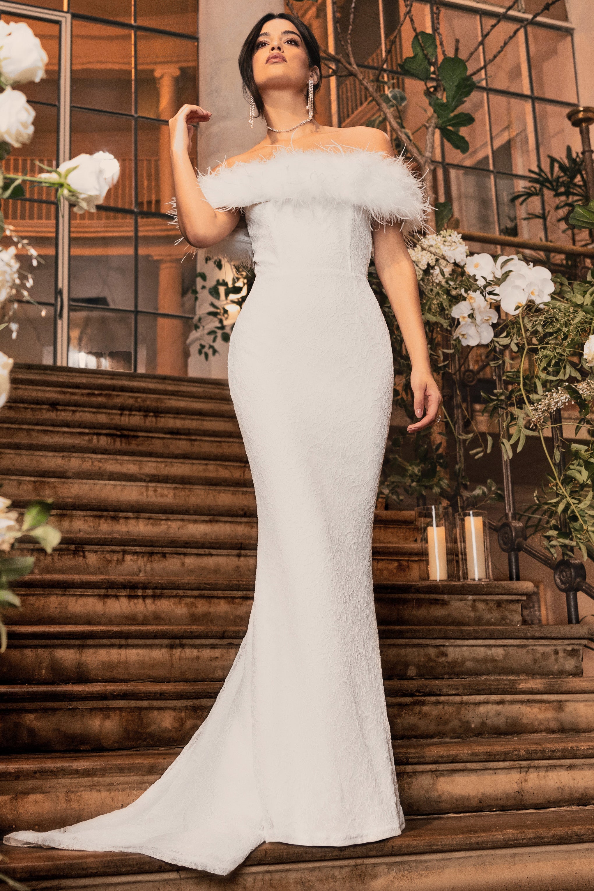 Idyll | White Lace Bardot Feather Fishtail Maxi Dress
