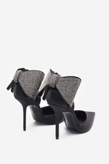 Flashing Lights | Black Satin Pointed Court Heels With Diamante Bows