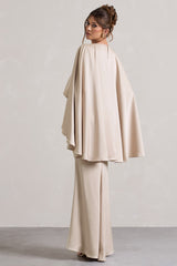 Yasie | Champagne Satin Plunge-Neck Maxi Dress With Cape Sleeves