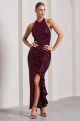 Under The Stars | Plum Sequin High-Neck Open-Back Maxi Dress With Drape