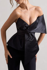 Mayfair | Black Asymmetric Bardot Top With Peplum Hem