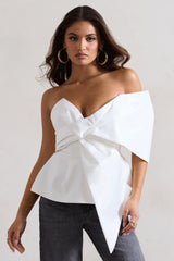 Mayfair | White Asymmetric Bardot Top With Peplum Hem