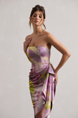 Axel | Lilac Print Satin Strapless Wrap Midi Dress