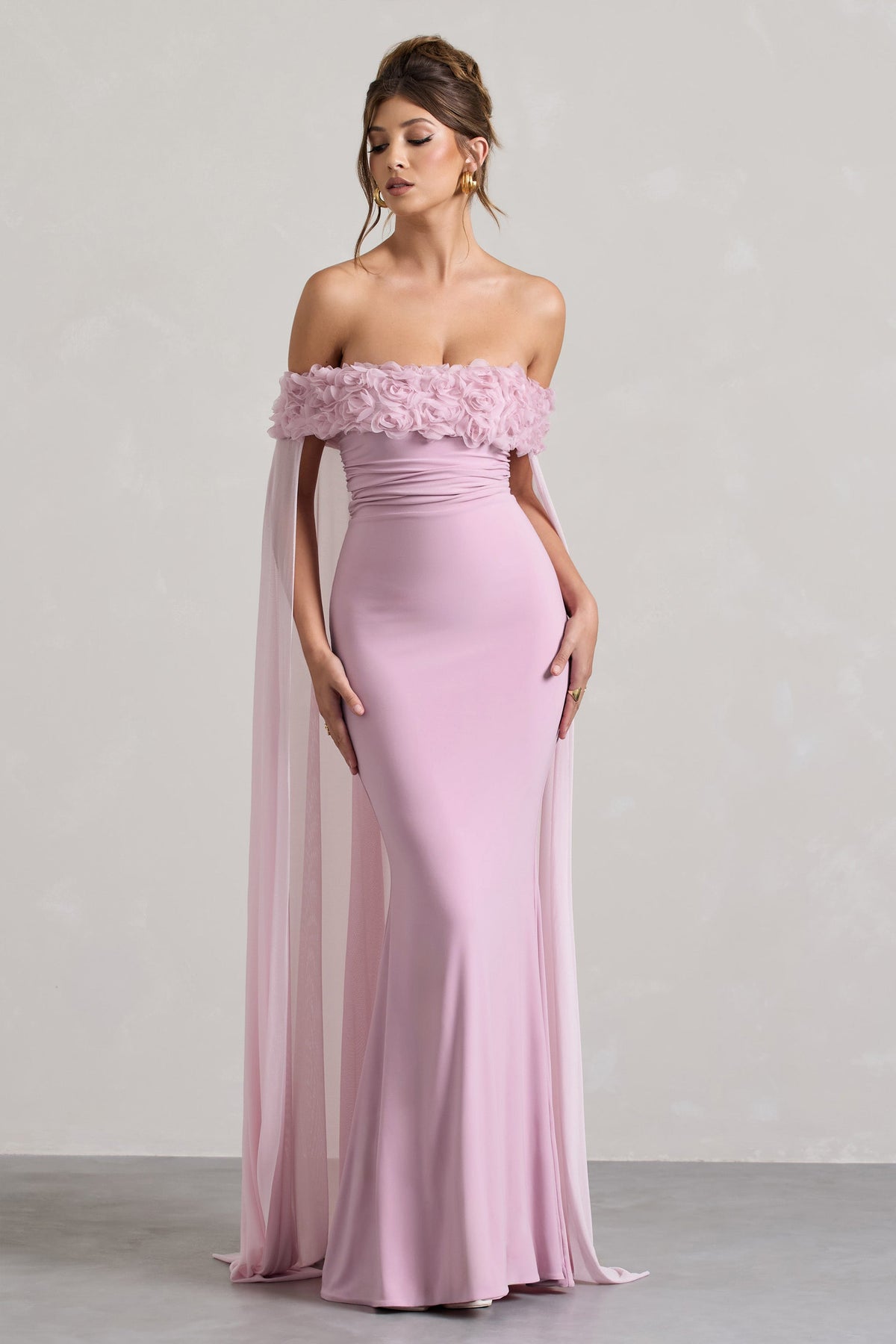Avant Garde | Blush Pink Floral Bardot Fishtail Maxi Dress With Mesh Cape