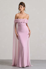 Avant Garde | Blush Pink Floral Bardot Fishtail Maxi Dress With Mesh Cape