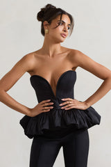 Huntley | Black Sweetheart Corset Top With Satin Puff Hem