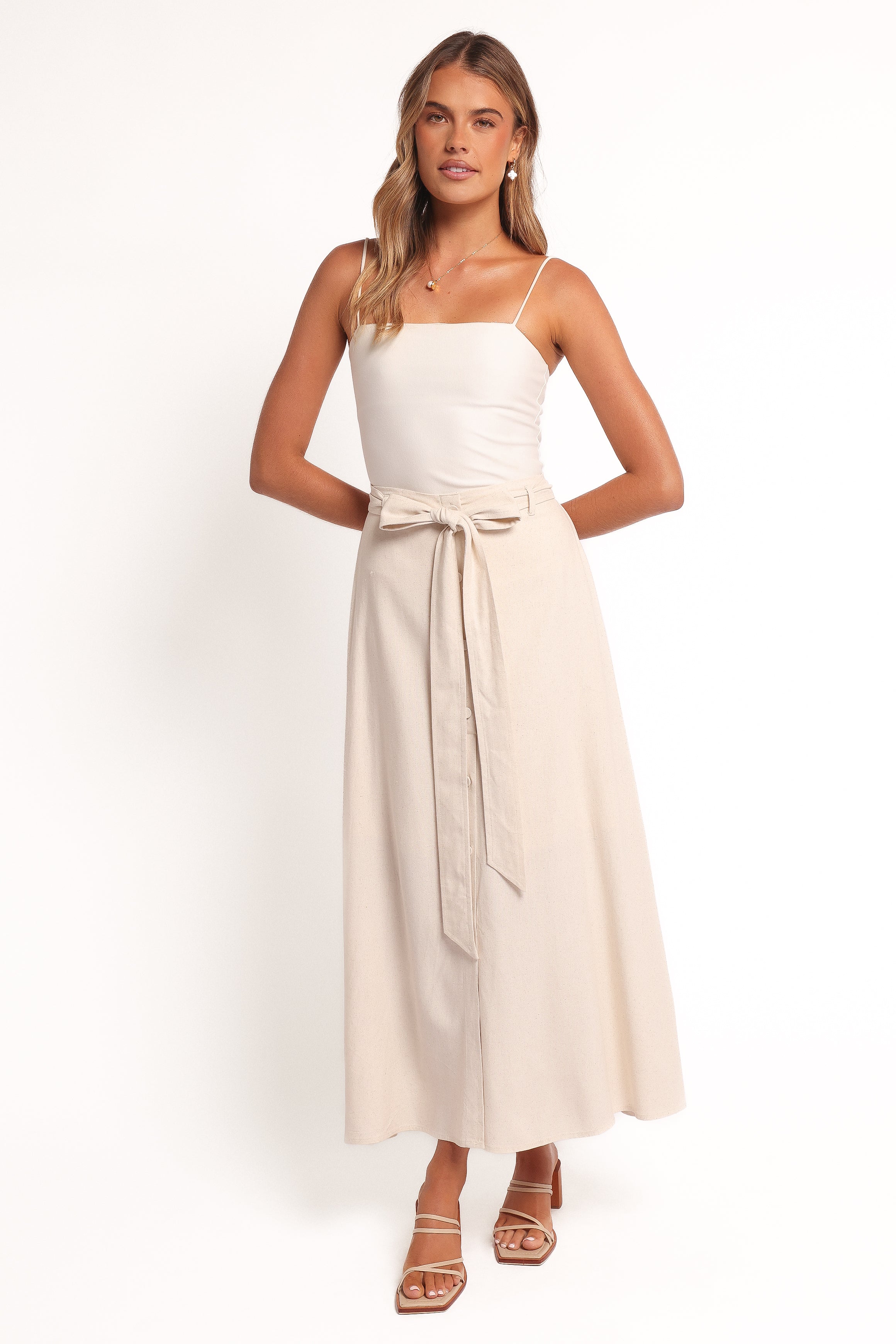 Xander Tie Waist Midi Skirt - Oatmeal