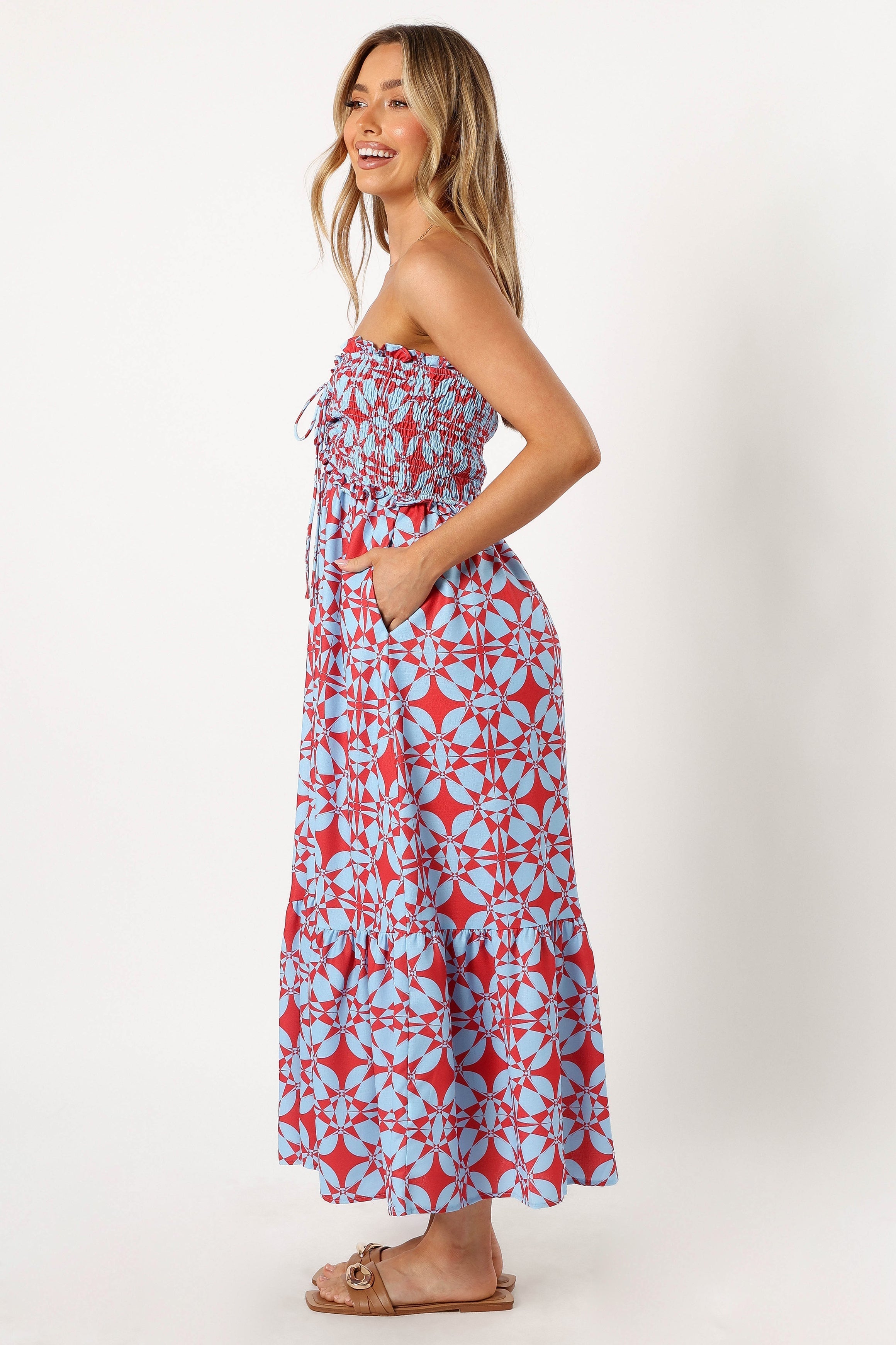 Dayton Strapless Midi Dress - Red Blue