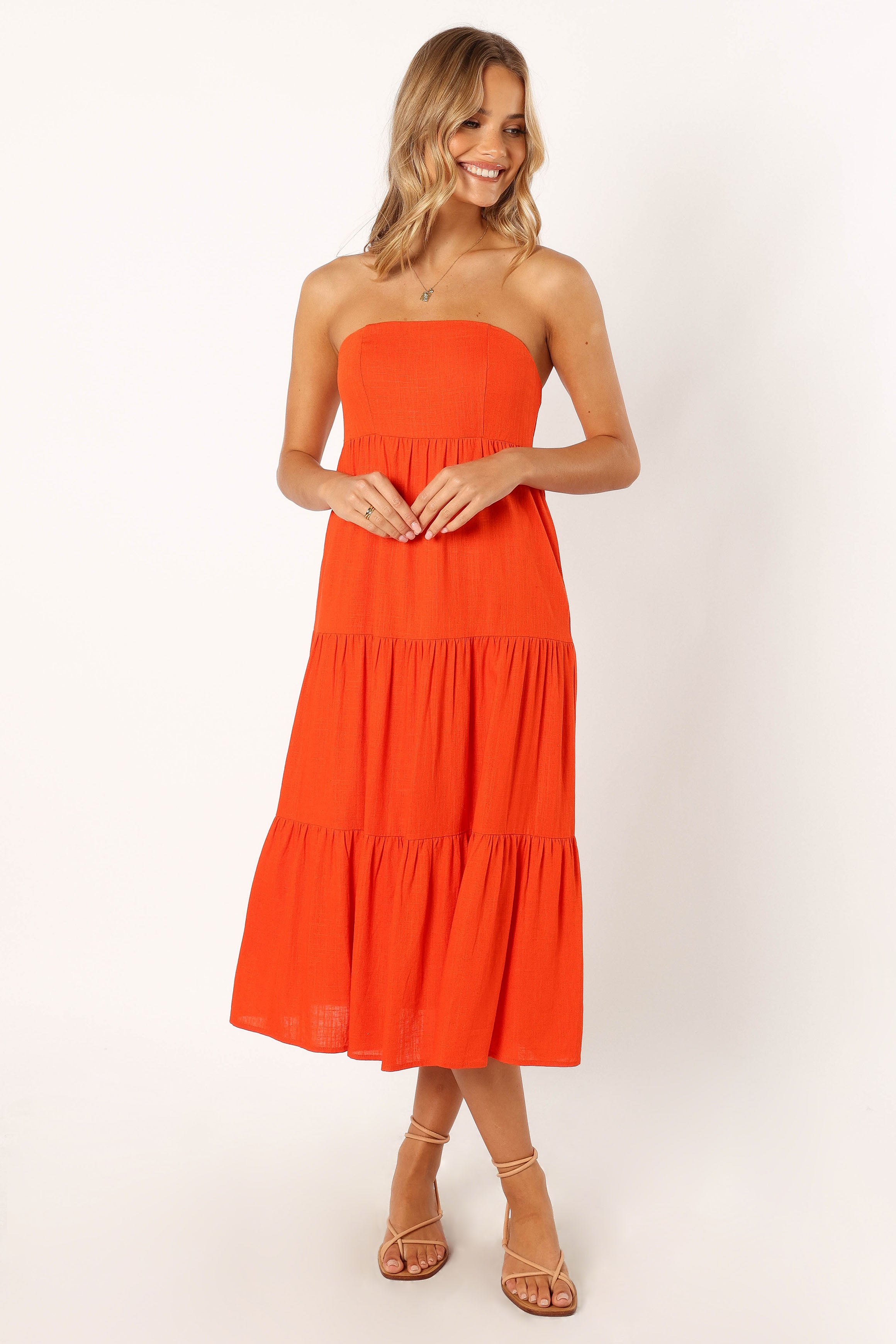 Tabi Strapless Midi Dress - Coral Red
