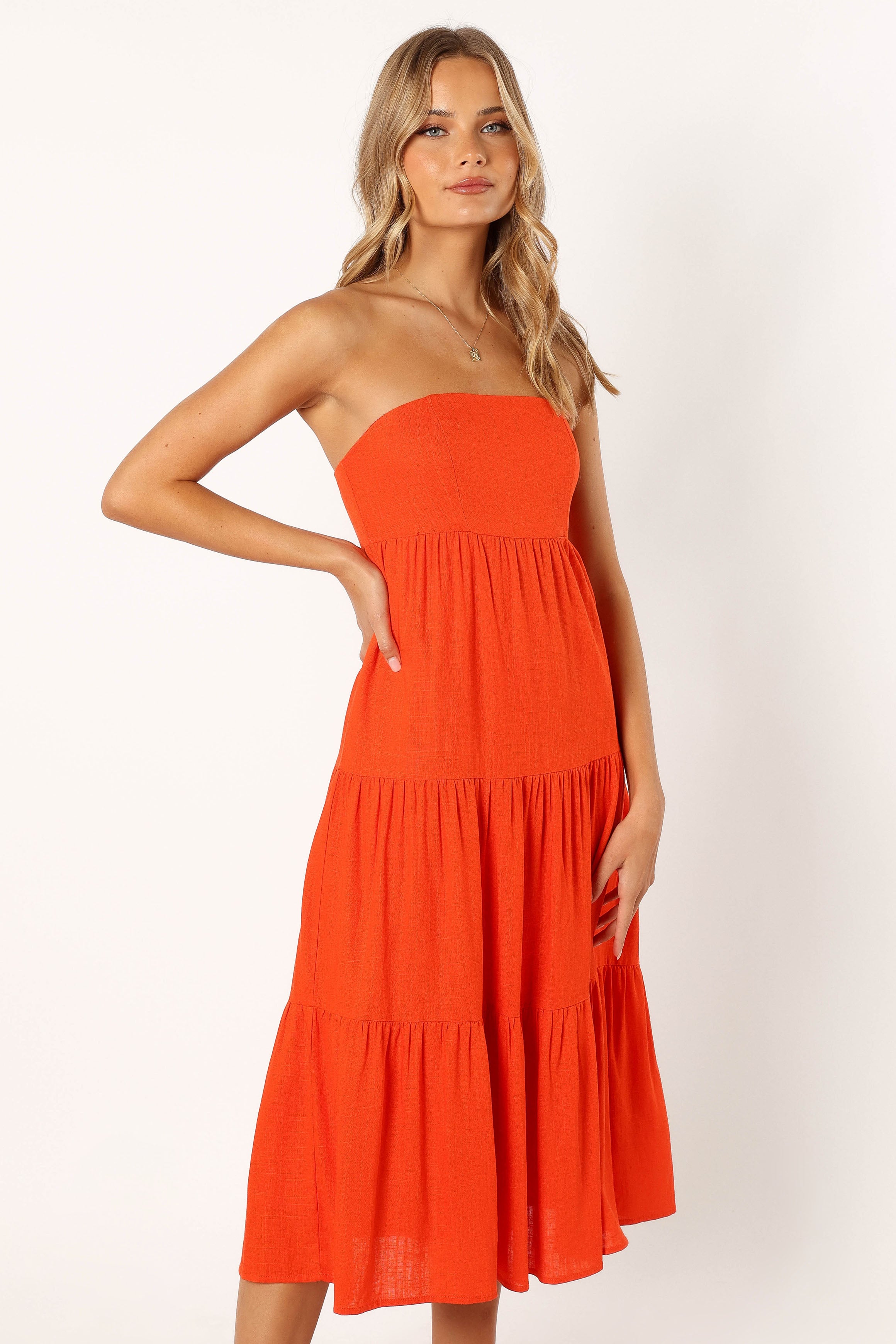 Tabi Strapless Midi Dress - Coral Red