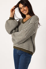 Becca Crewneck Waffle Stitch Stripe Knit Sweater - Olive