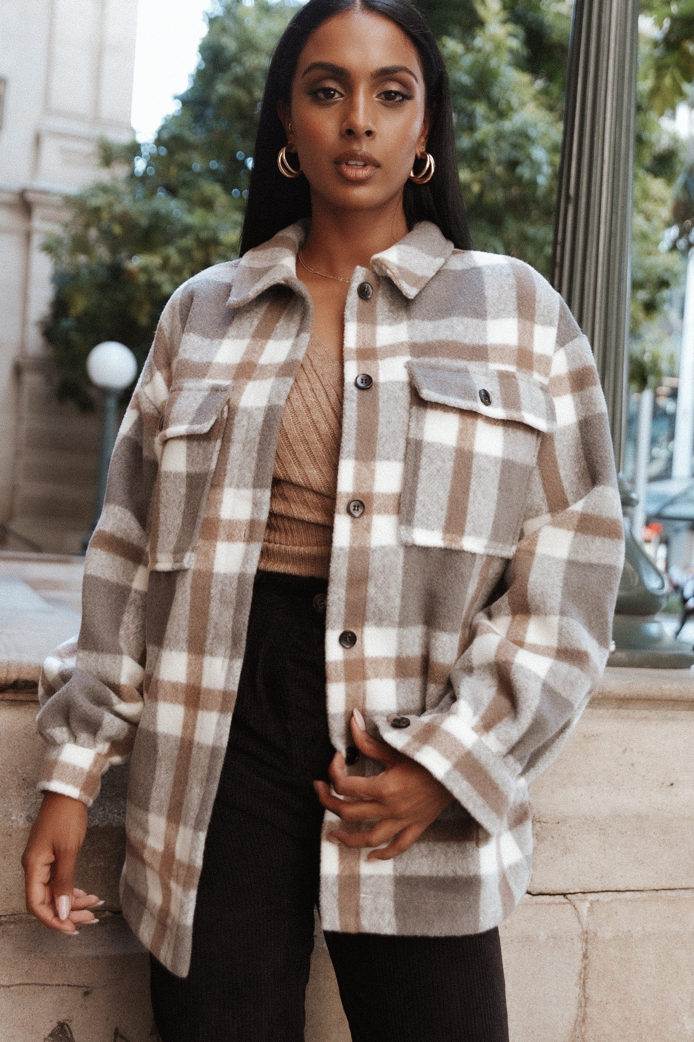 Alex Double-Breasted Pocket Shacket - Grey Check