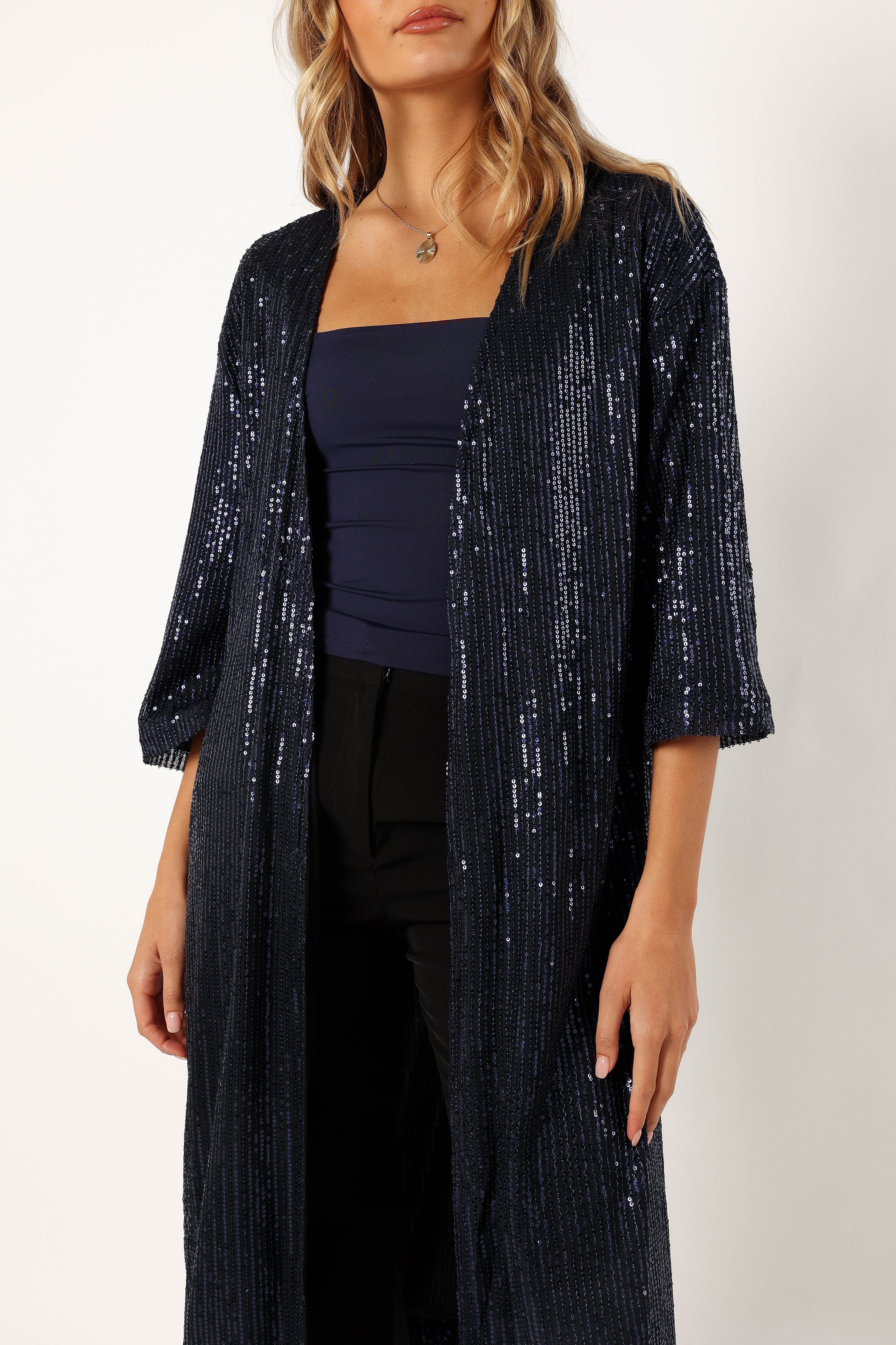 Karsyn Open Front Sequin Duster - Navy