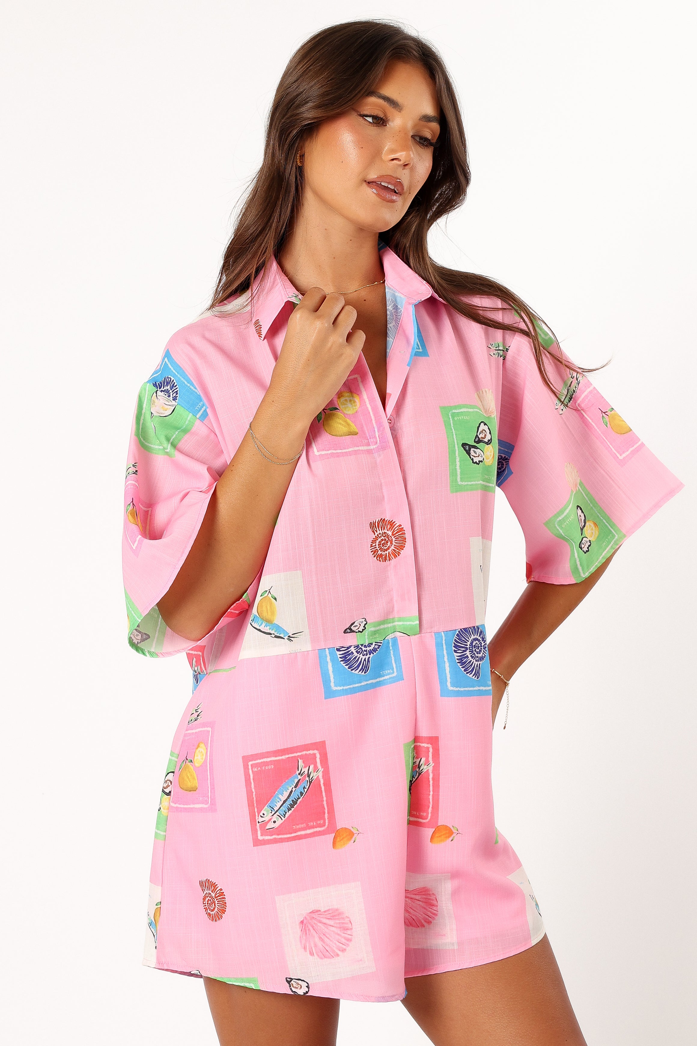 Kellie Romper - Pink Stamp Print