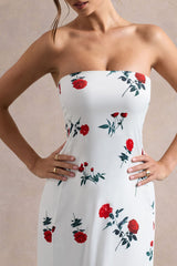 Azra | Rose Print Satin Bandeau Maxi Dress