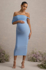 Jen | Powder Blue Bardot Twisted Maternity Midi Dress