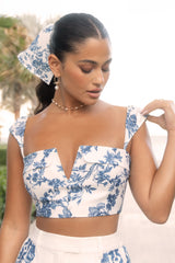 Locklea | Blue Porcelain Print Notched Crop Top