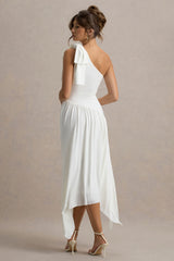 Lotus Love | White One-Shoulder Hanky-Hem Maxi Dress With Bow