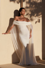 Carlotta | White Bardot Maxi Dress With Chiffon Cape