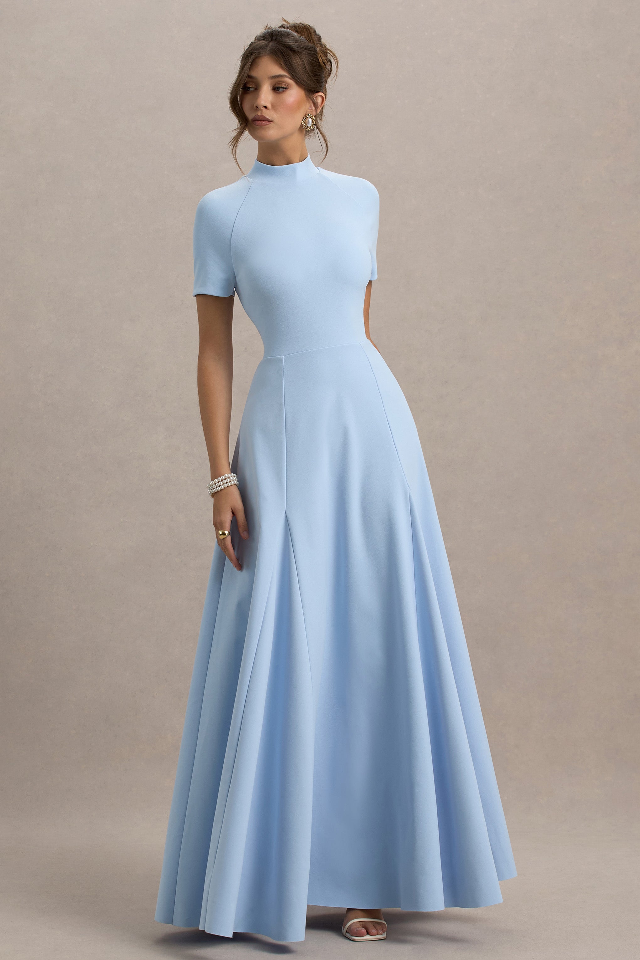Alea | Powder Blue High-Neck Short-Sleeve Maxi Dress