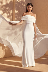 Carlotta | White Bardot Maxi Dress With Chiffon Cape