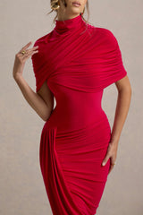 Enchant | Red Asymmetric Twisted Cape Maxi Dress