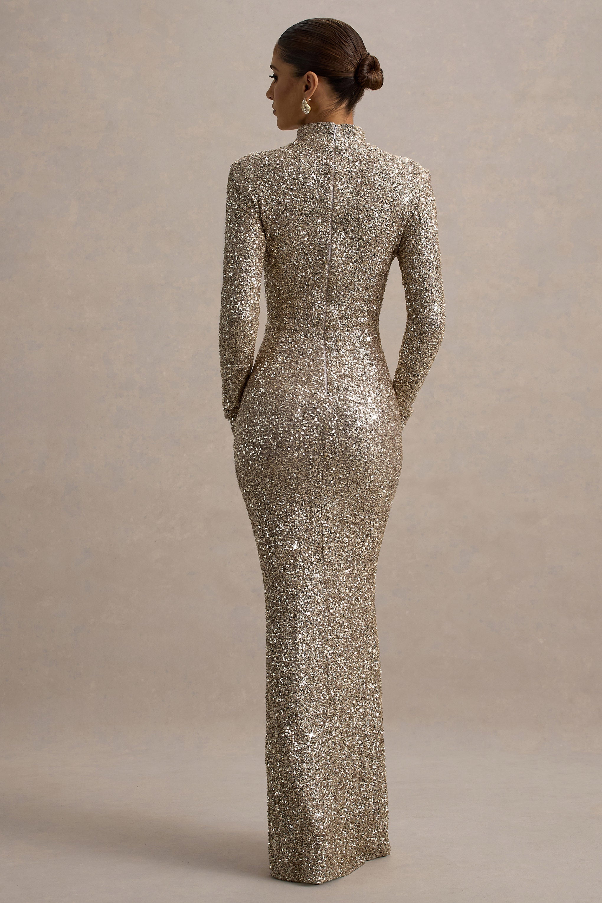 Galaxy | Champagne Sequin Turtle-Neck Long-Sleeve Maxi Dress