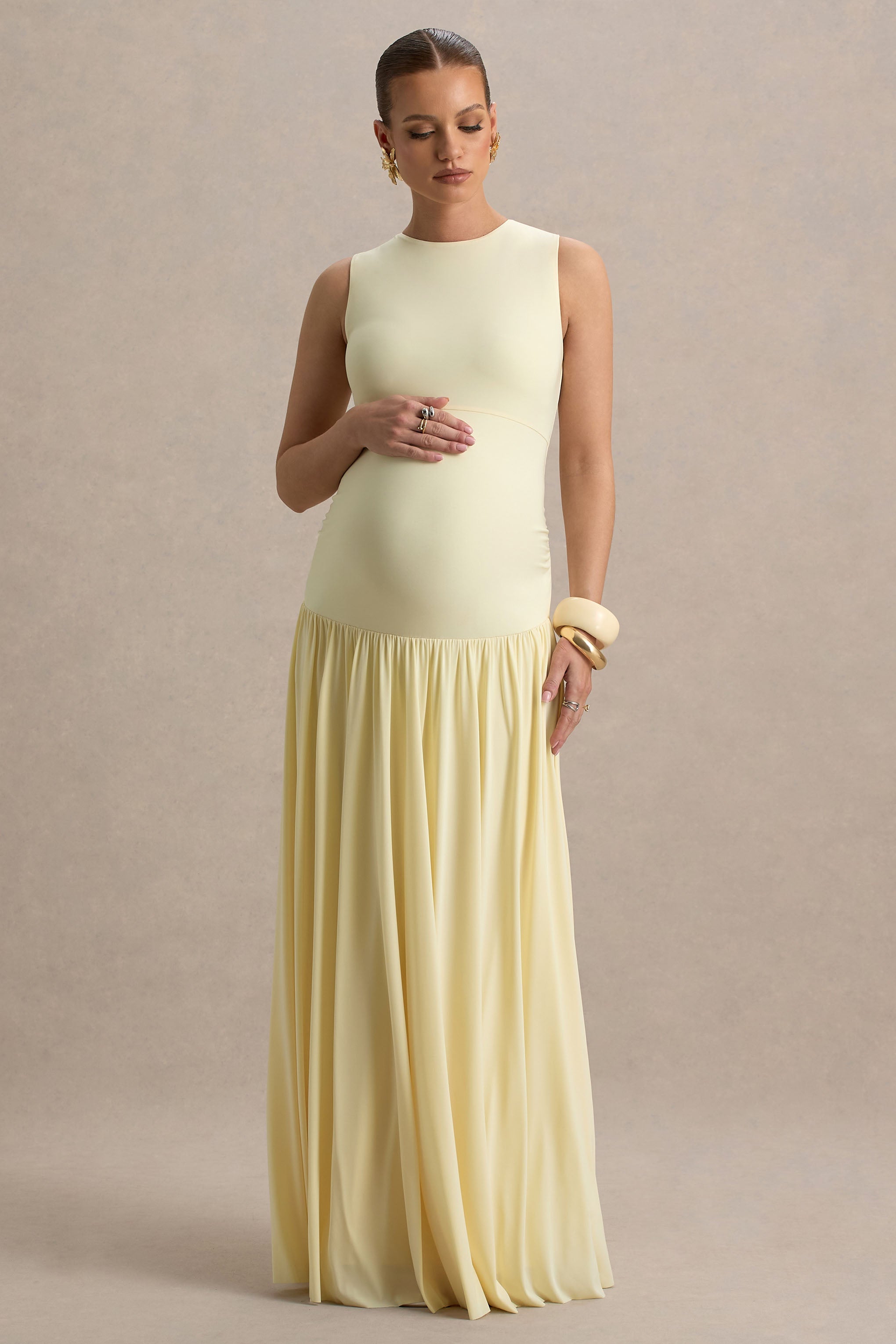 Outline | Lemon High-Neck Maternity Maxi Dress With Draped Skirt