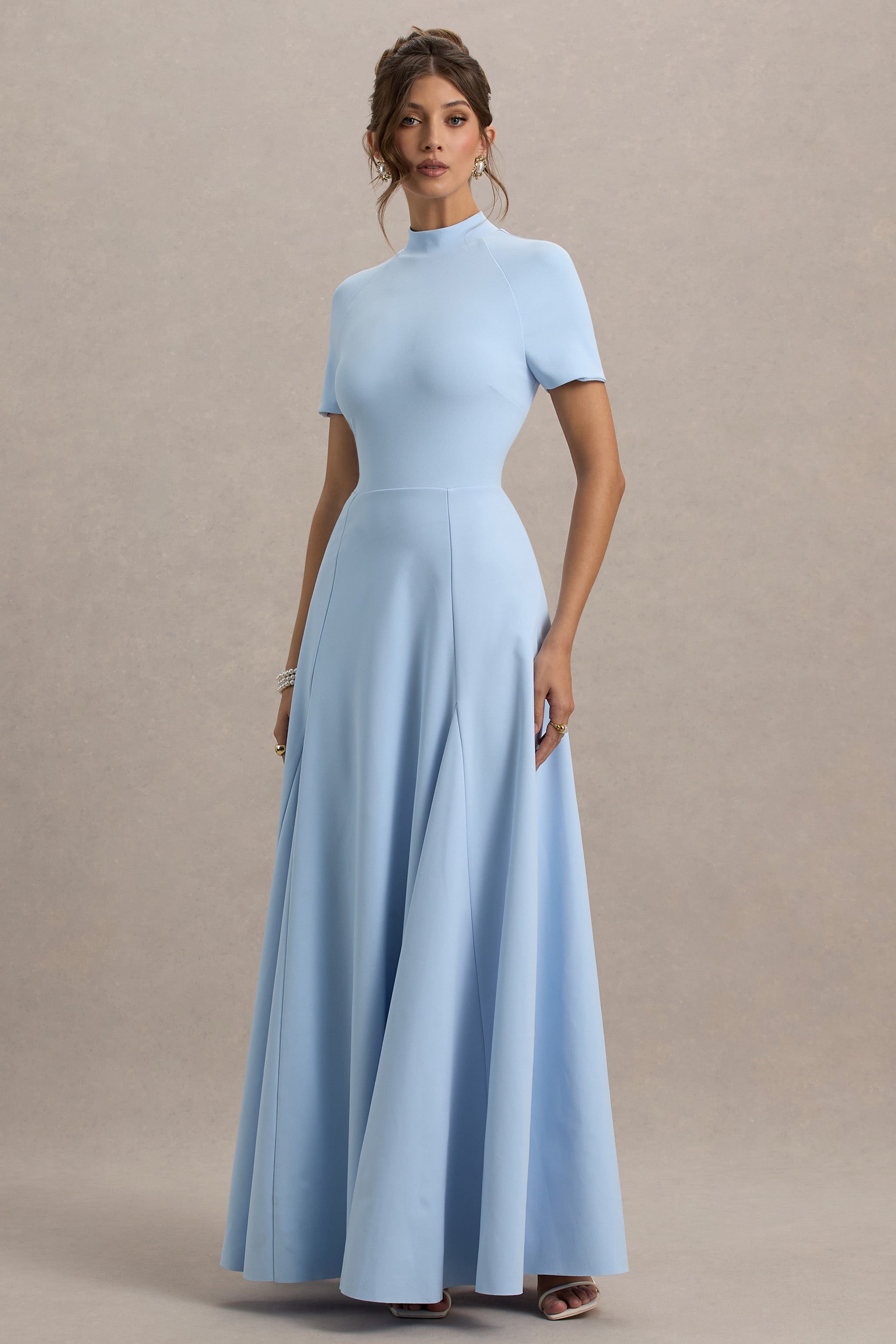 Alea | Powder Blue High-Neck Short-Sleeve Maxi Dress