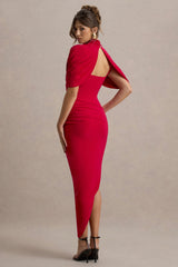 Enchant | Red Asymmetric Twisted Cape Maxi Dress
