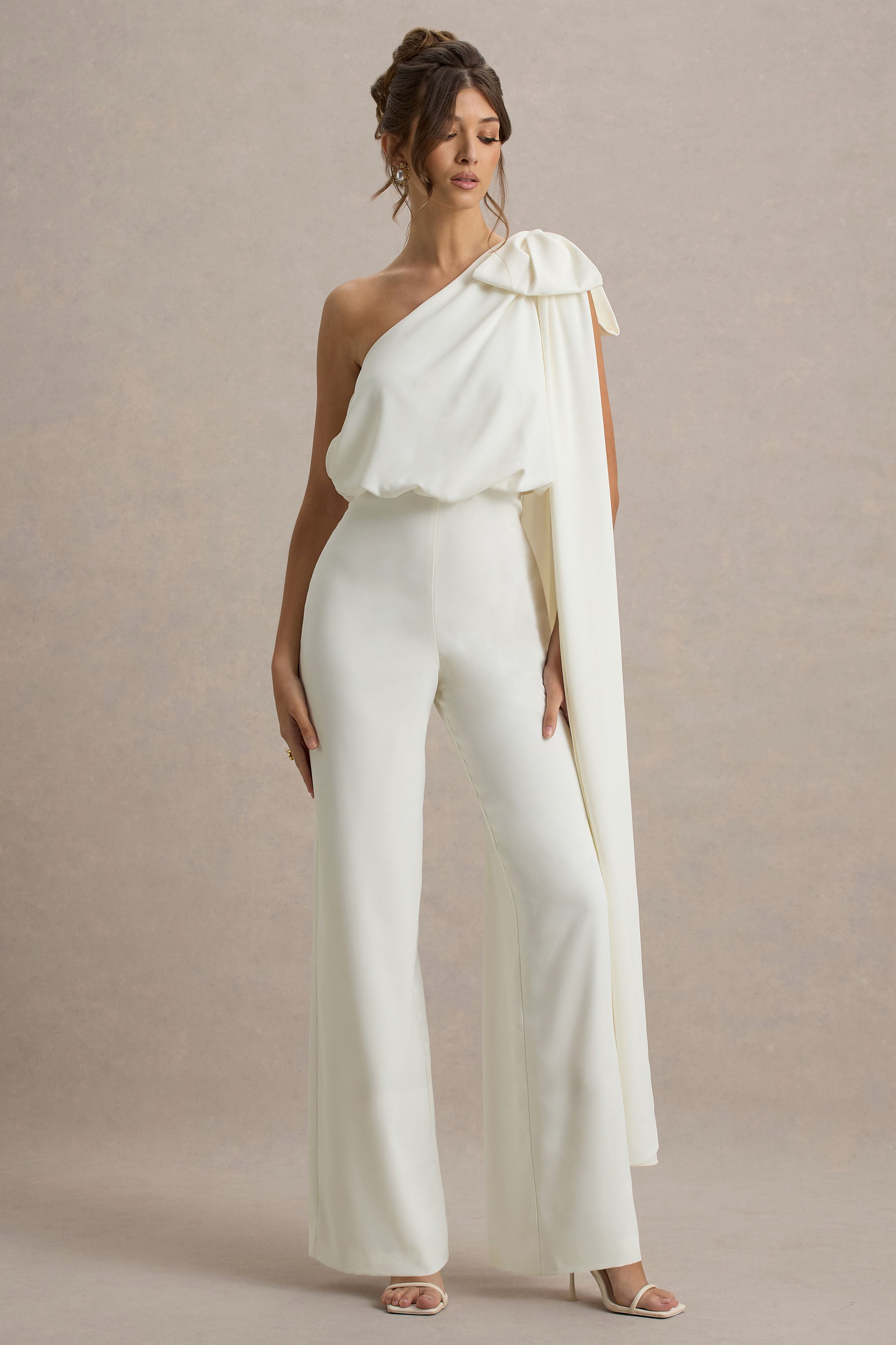 Alice | Cream Asymmetric Bow Shoulder Jumpsuit With Drape