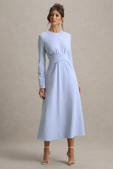 Cassiopeia | Powder Blue Long-Sleeve Midi Dress With Cross Waist