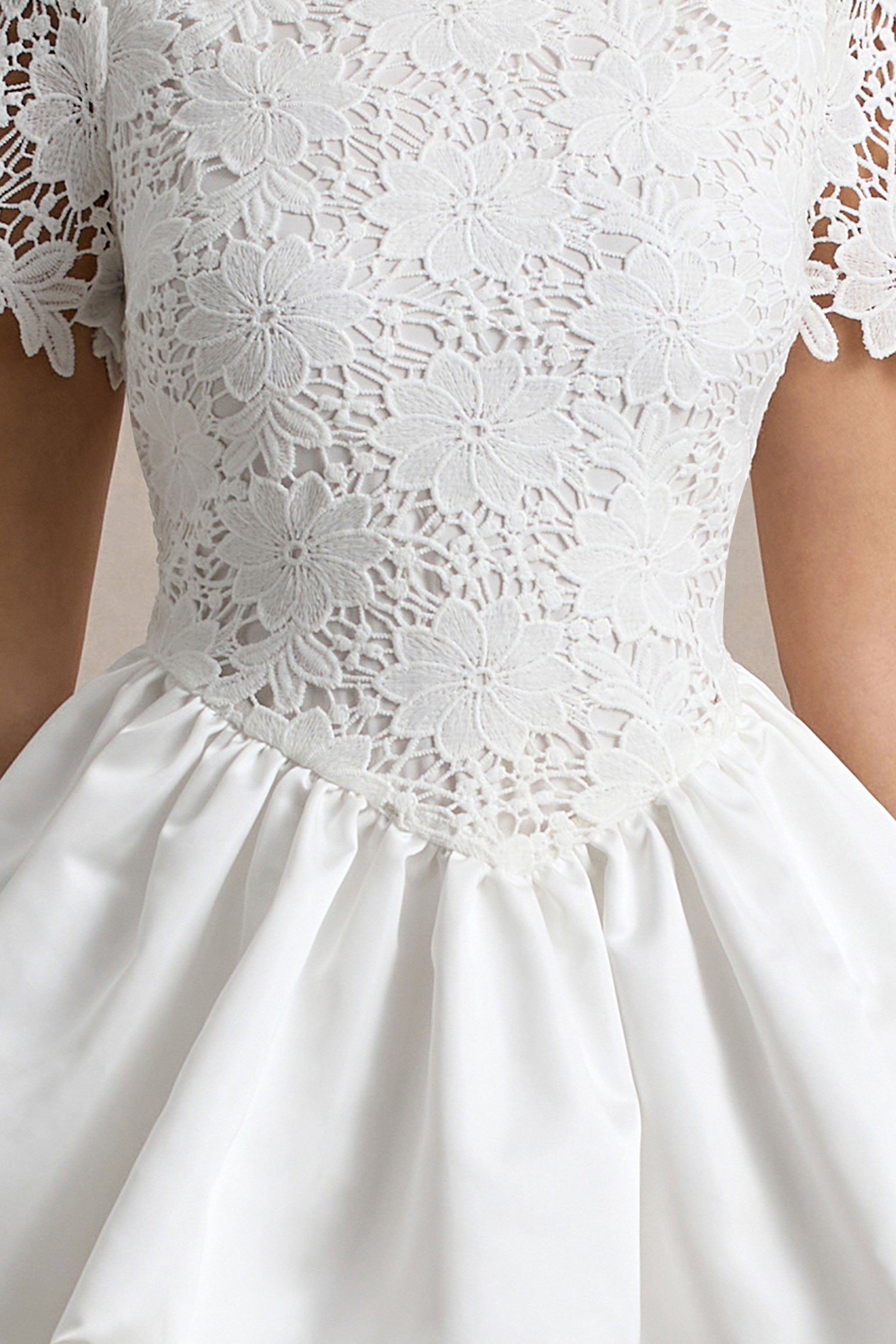 Taffy | White Lace Mini Dress With Satin Puffball Skirt