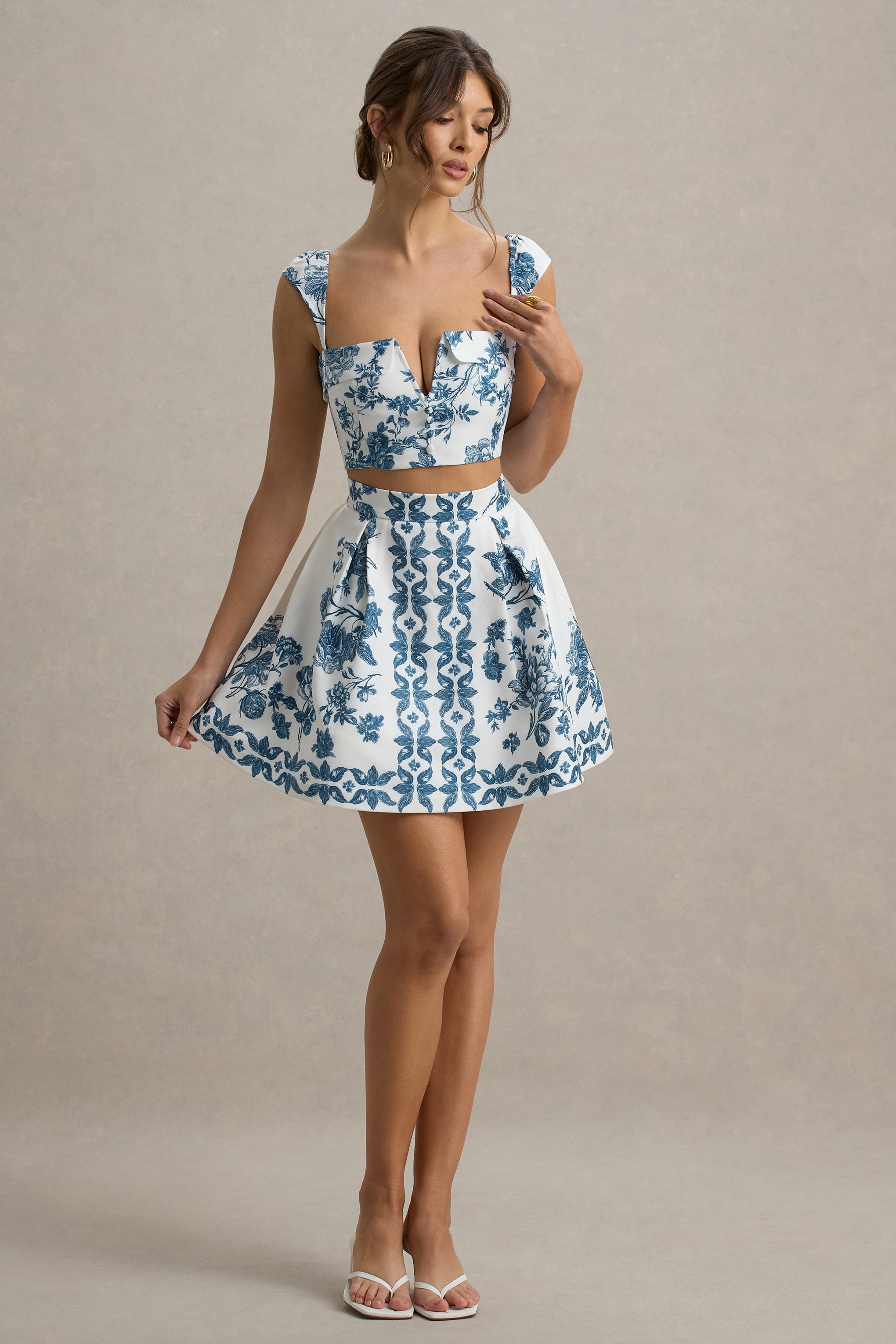 Locklea | Blue Porcelain Print Notched Crop Top